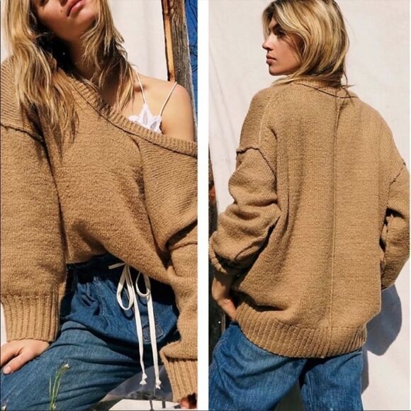 NEW FREE PEOPLE Brookside Oversized Sweater, Desert Camel - M - Picture 6 of 12